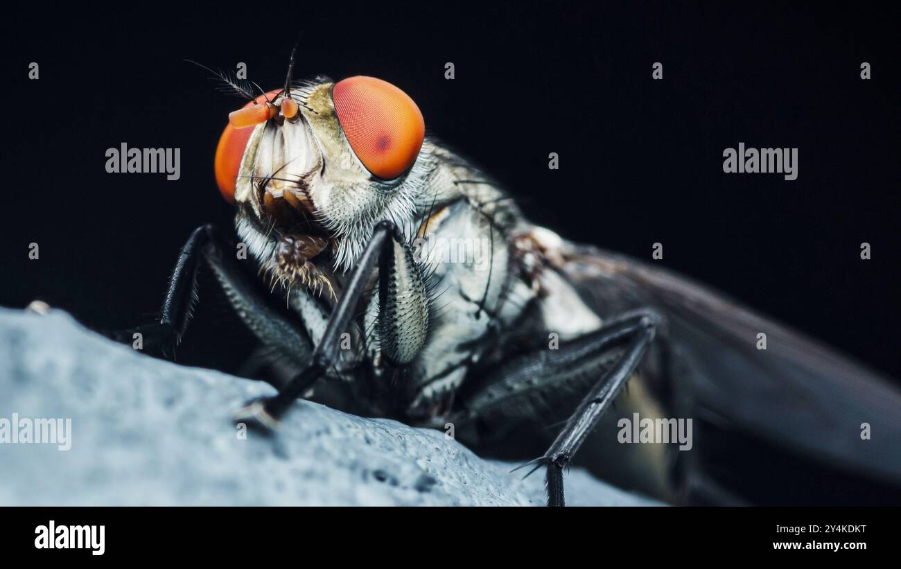 House fly is posing on a rock, its red eyes and hairy legs are clearly visible. Stock Photo