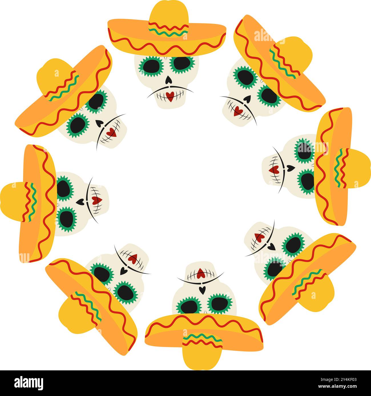 Sugar scull with mustache and sombrero Round in Frame border. Greeting or lettering concept. Copy space. Isolated Vector illustration Cards, poster, flyer, leaflet, banner, label or web, promo, text idea Stock Vector