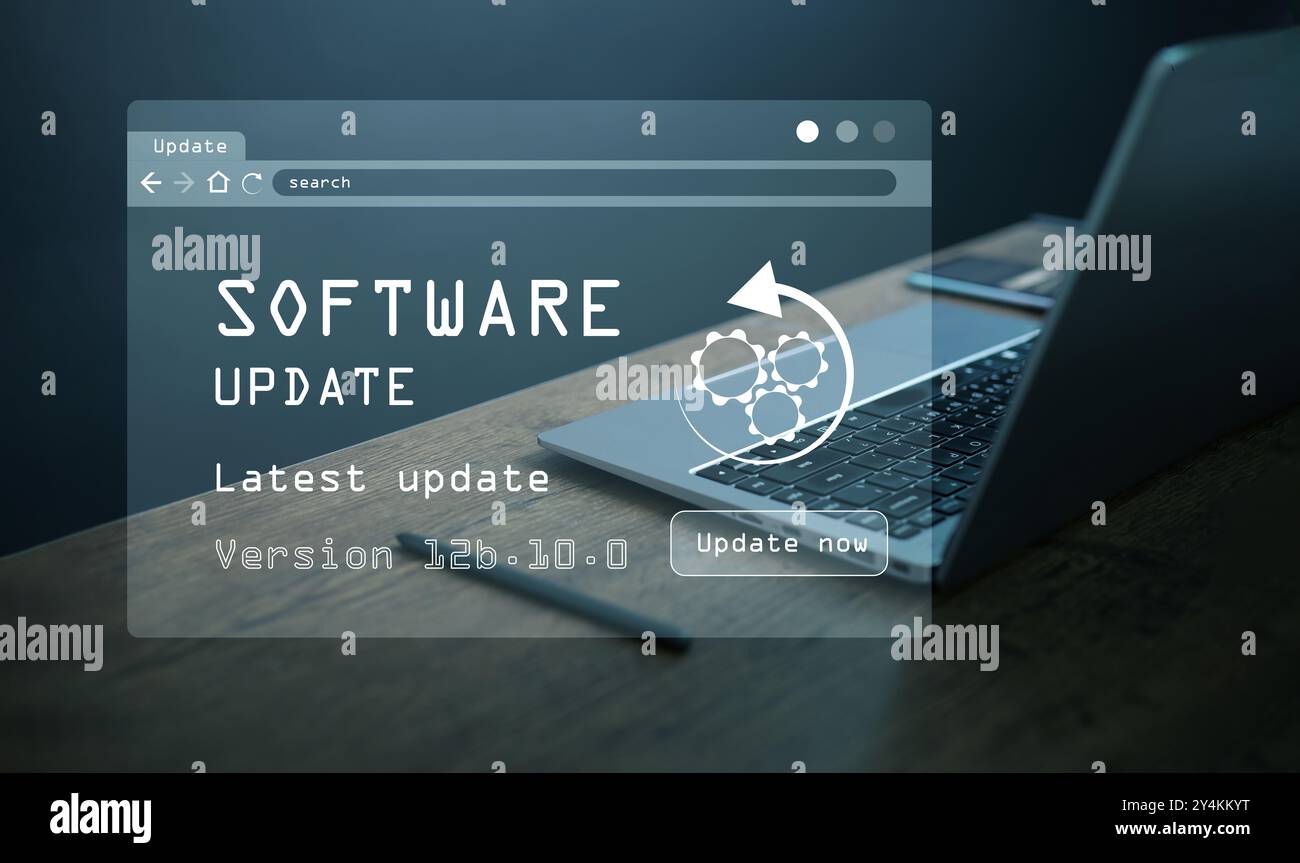 Software update concept. Laptop with virtual software update screen ...