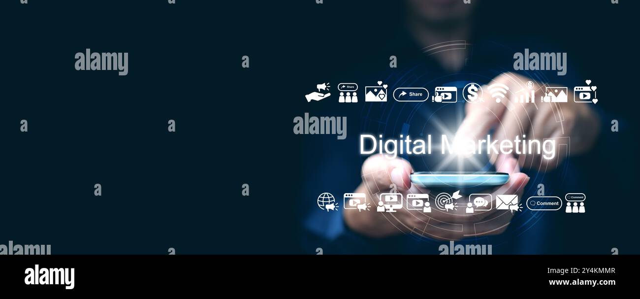 Digital marketing concept. Hand taps on the text, digital marketing, on a smartphone with online marketing icons through social media, email, website Stock Photo