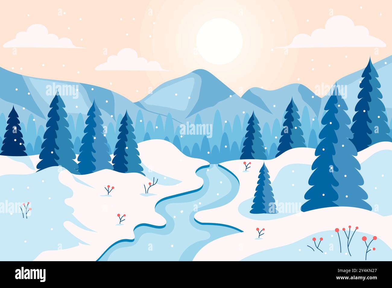 illustration of winter view with mountain in flat design style Stock ...