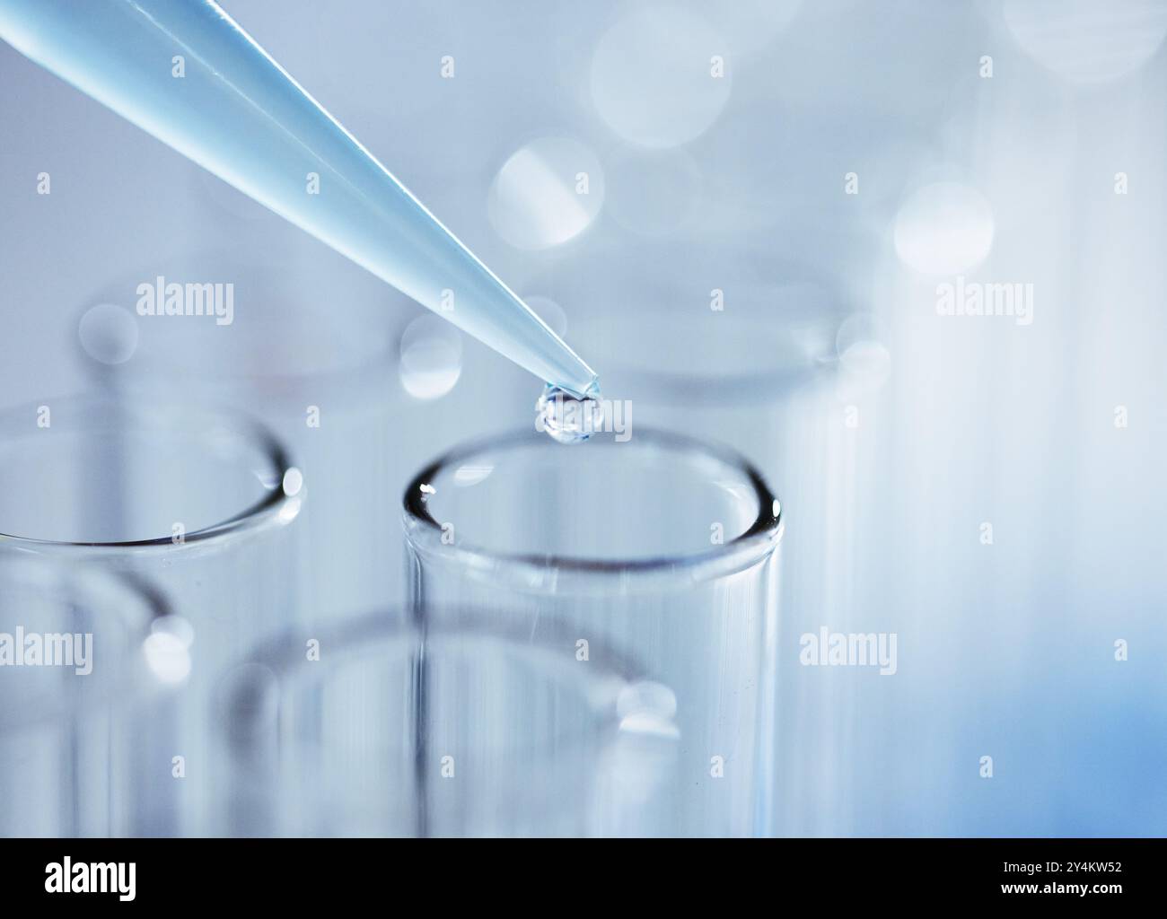 Sample Lab Dripper Dropper, closeup and test tube in laboratory with chemical sample for ...