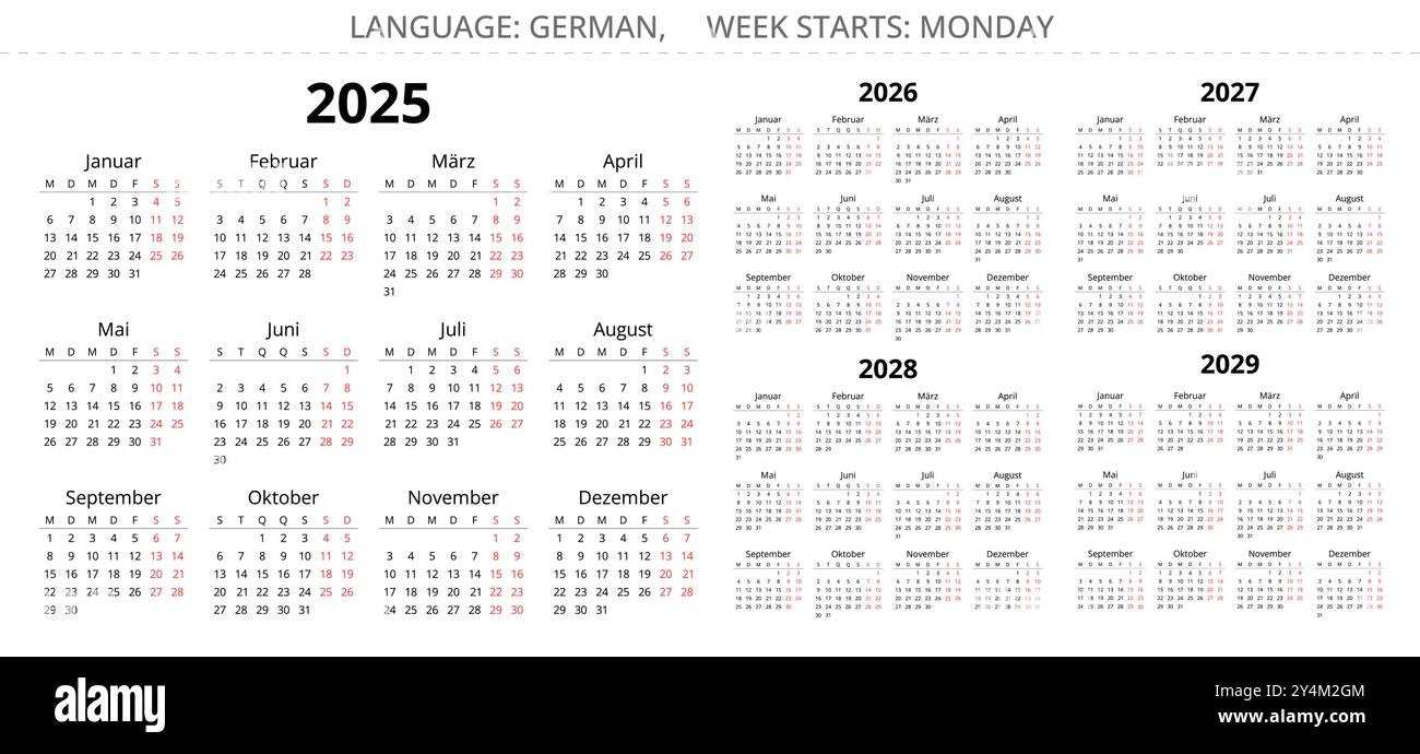 2025, 2026, 2027, 2028, 2029 german calendars. Printable vector