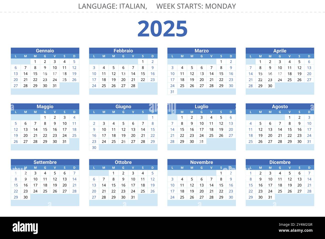 2025 year calendar. Italian language. 12 months. Printable vector