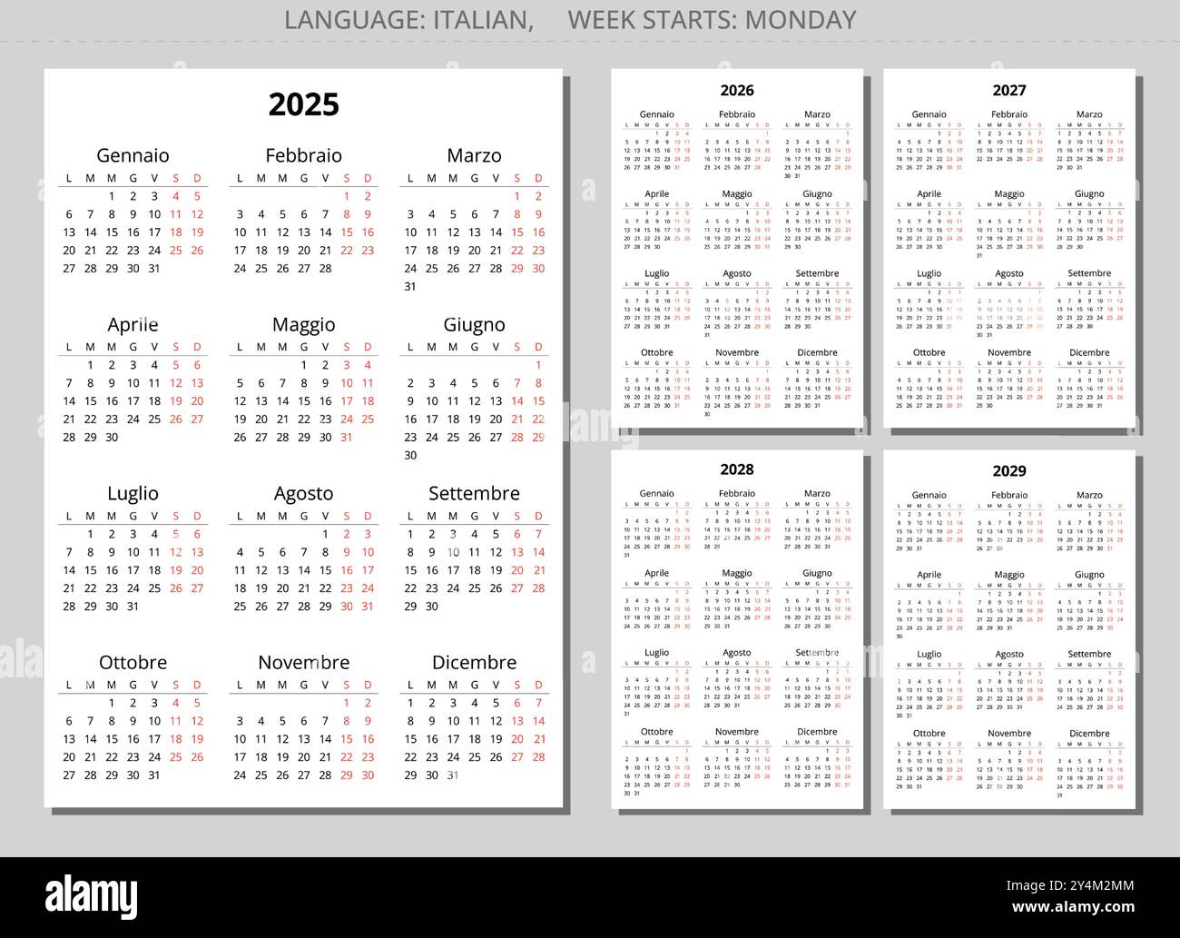 2025, 2026, 2027, 2028, 2029 italian calendars (calendario italiano