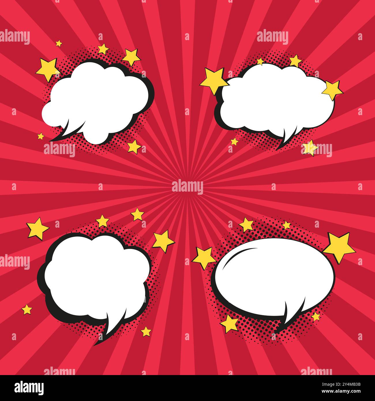 SET of colorful retro comic speech bubble on halftone red background ...