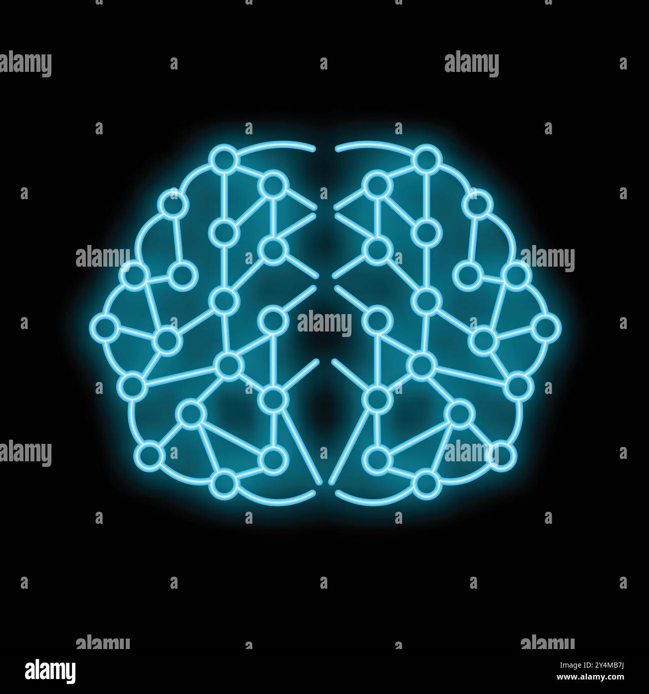 Glowing neon blue lines form the shape of a brain with nodes connected ...