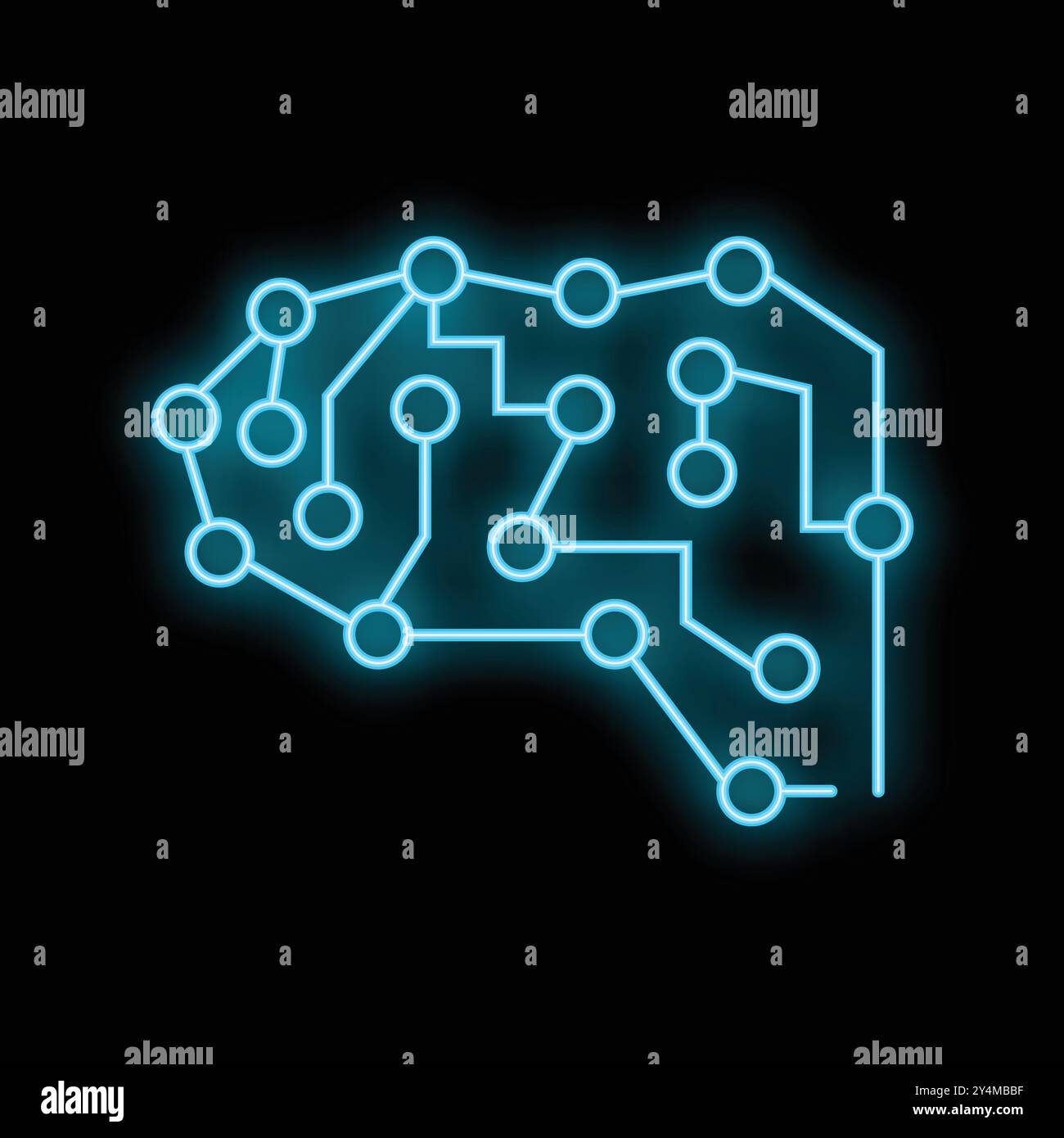 Neon blue glowing brain with circuit board representing artificial intelligence and machine learning process Stock Vector