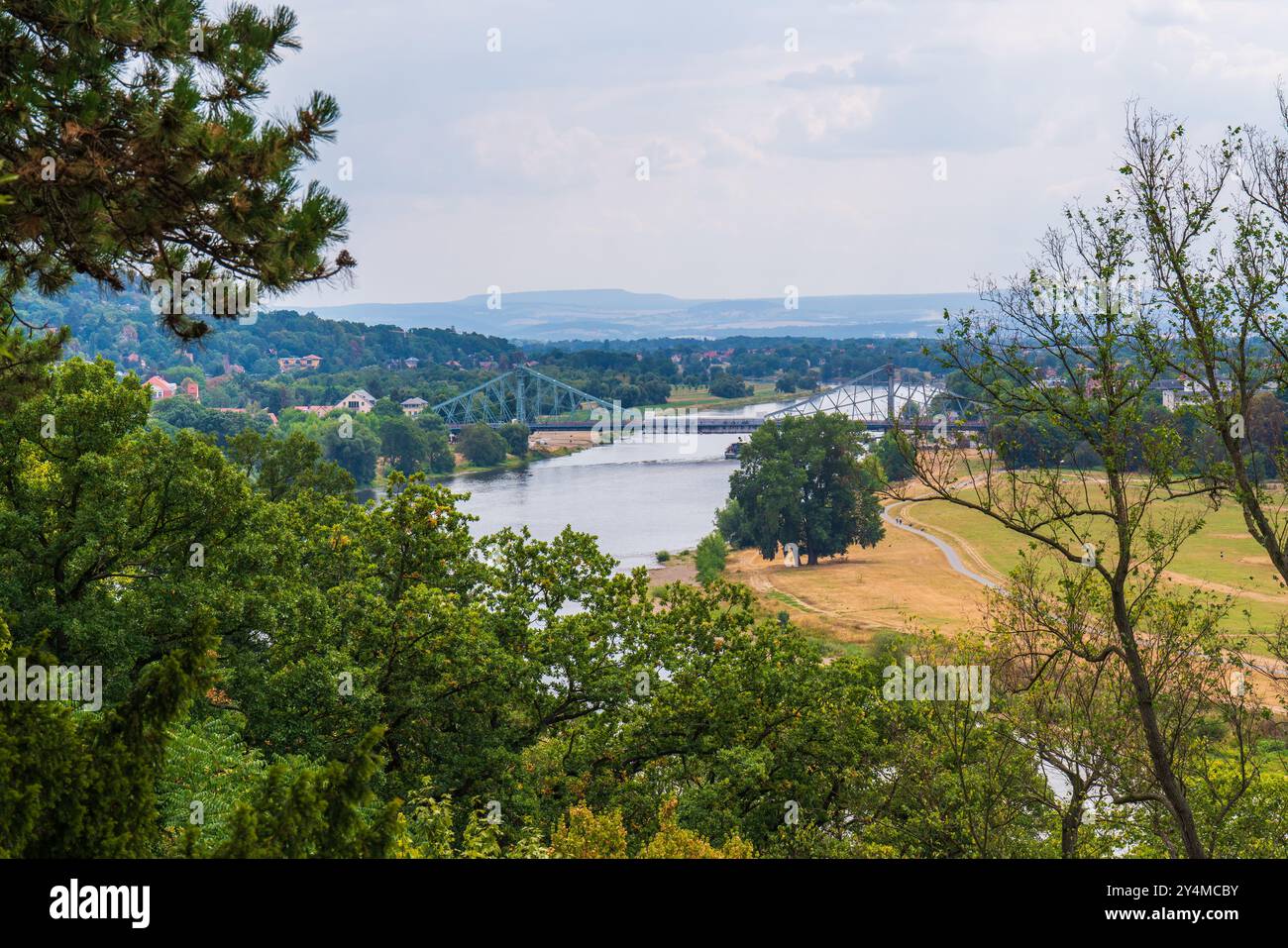 Panoramic view of Elbe River Loschwitz with old Blue Wonder Bridge. Ancient city of Dresden. Germany Stock Photo