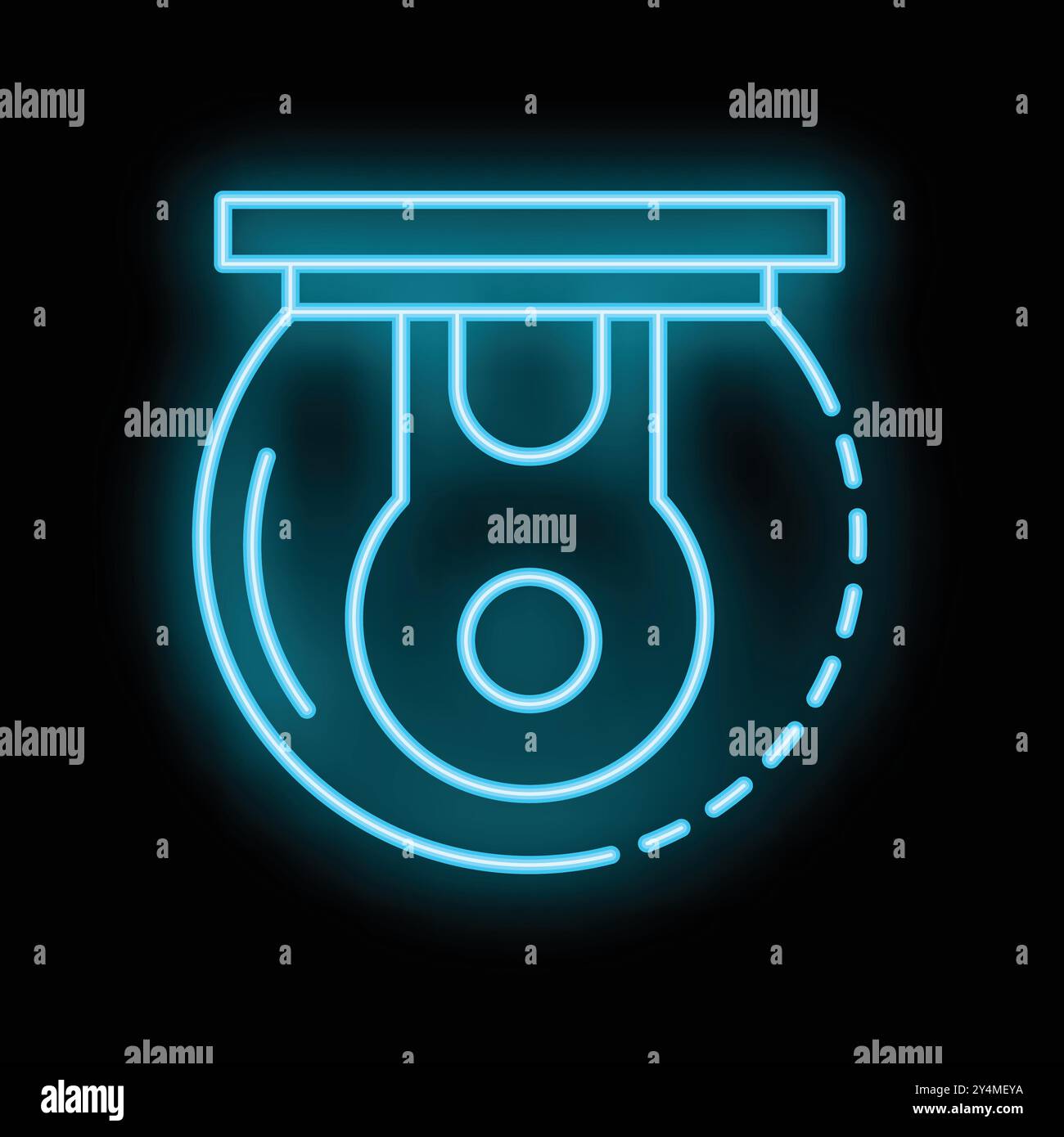 Glowing blue neon icon of a car wheel disk, symbolizing car tuning ...