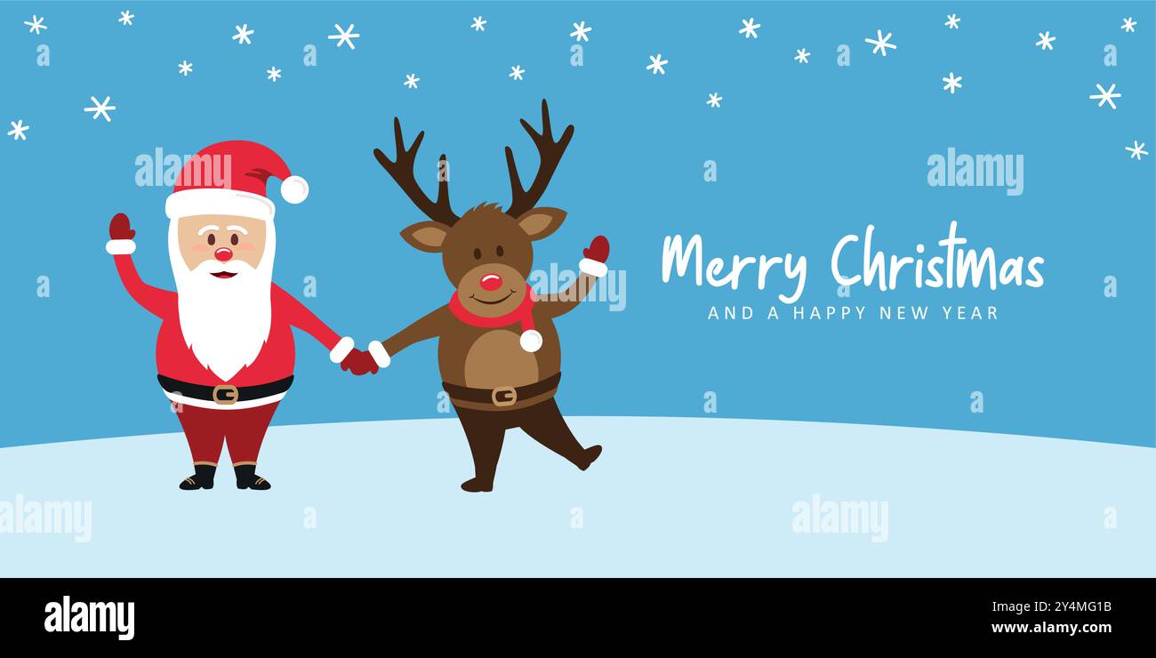 cute christmas greeting card with santa and deer characters vector ...