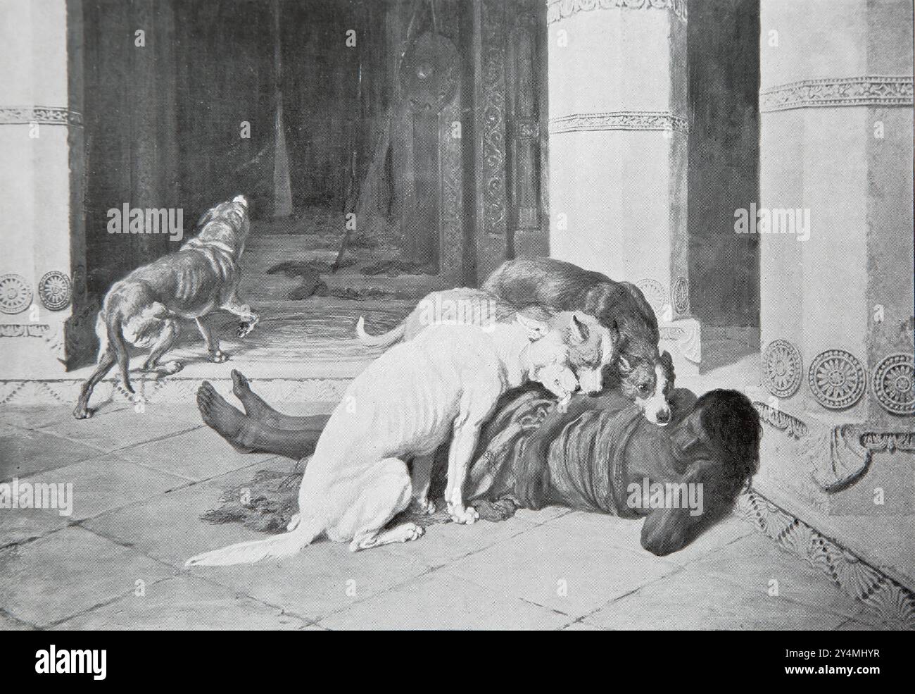 Beggar Lazarus at the Rich Mans Door longing to eat what fell from the Rich Man's table even the Dogs licked the poor mans sores from a painting by Br Stock Photo