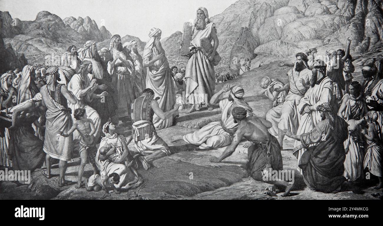 Illustration of Moses with the Tablets of Law Descending Mount Sinai from Fresco by J.R. Herbet The 1902 Edition of The Child's Bible Printed Cassell Stock Photo