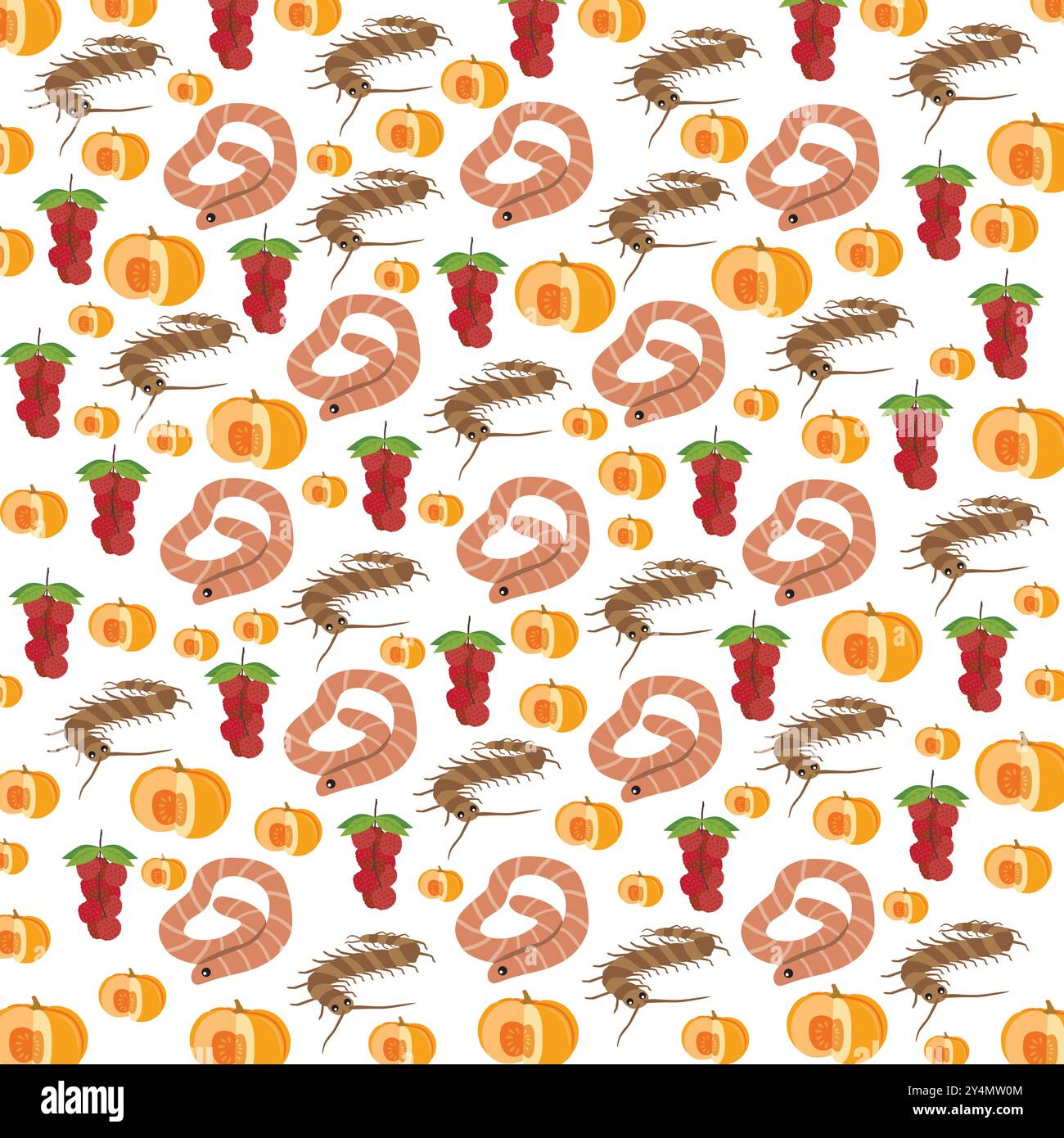 worms, centipedes with rambutan and pumpkin as a pattern background Stock Vector