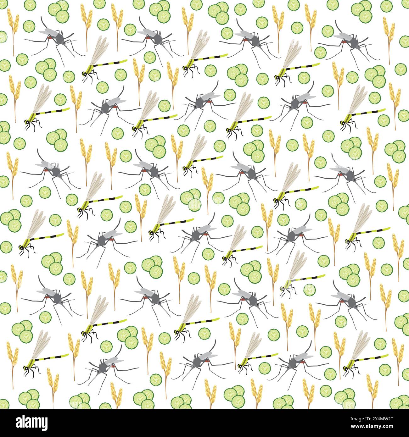 mosquitoes, dragonflies with wheat and cucumbers as a pattern background Stock Vector