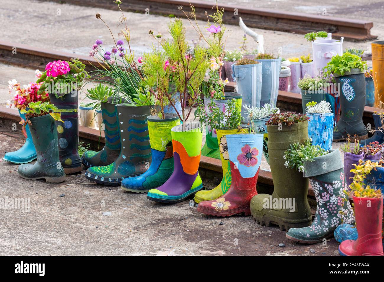 Planted flowers in boots hi-res stock photography and images - Alamy