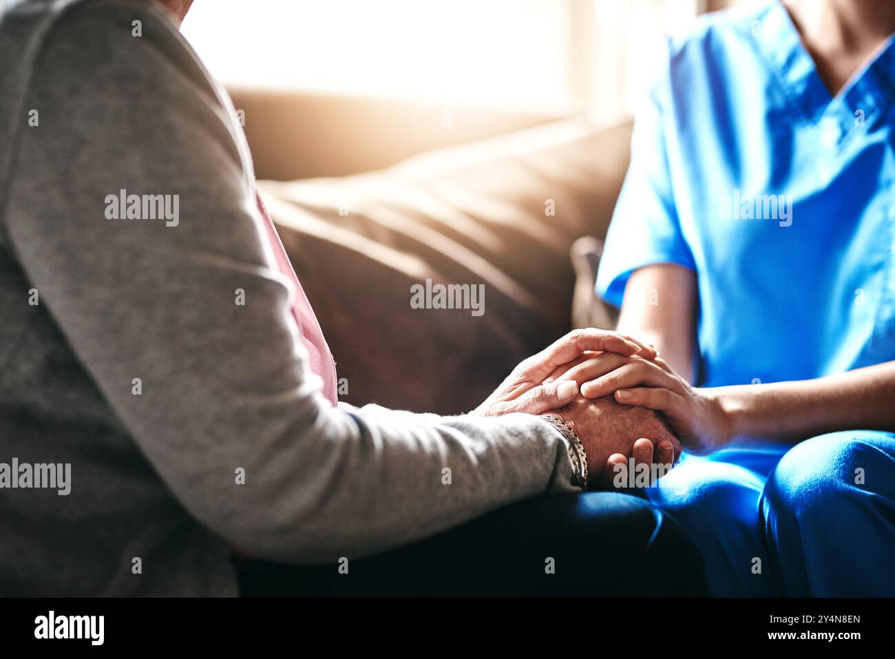 Consulting, support and holding hands with nurse and old woman for ...