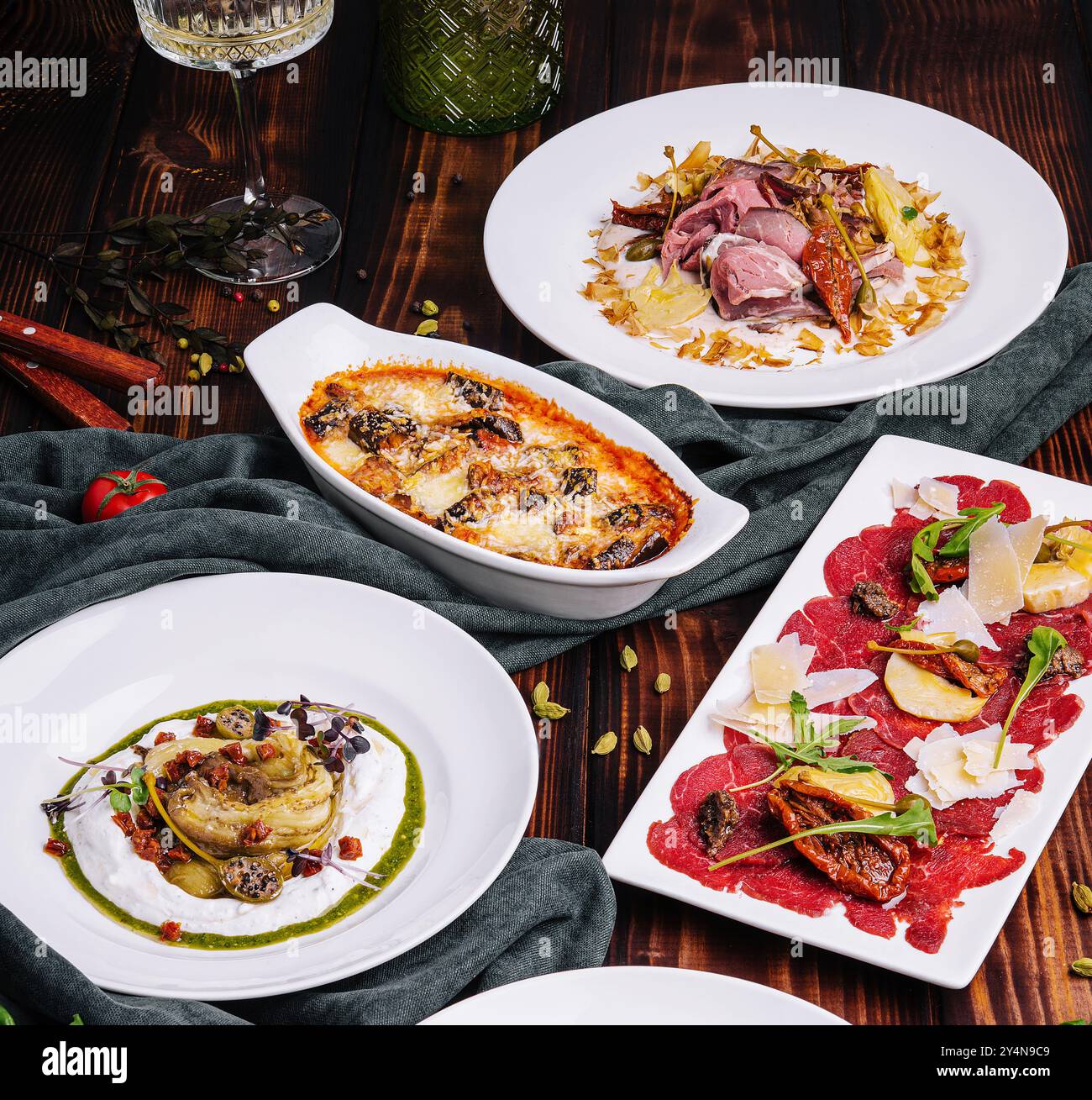 Carpaccio di manzo, Melanzane, Melanzana alla ricotta, Tar-tar with ...
