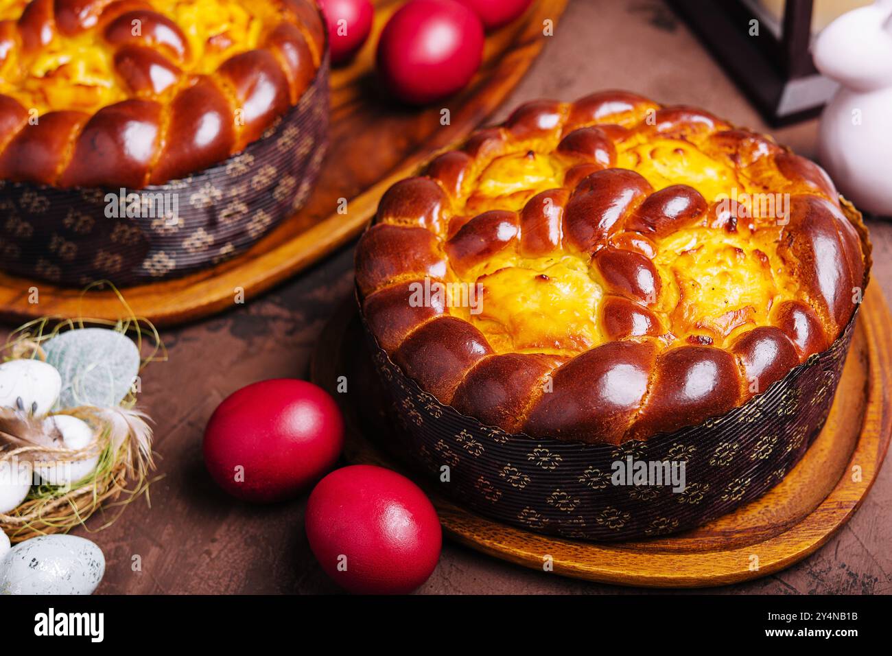 easter bread and eggs on wood Stock Photo