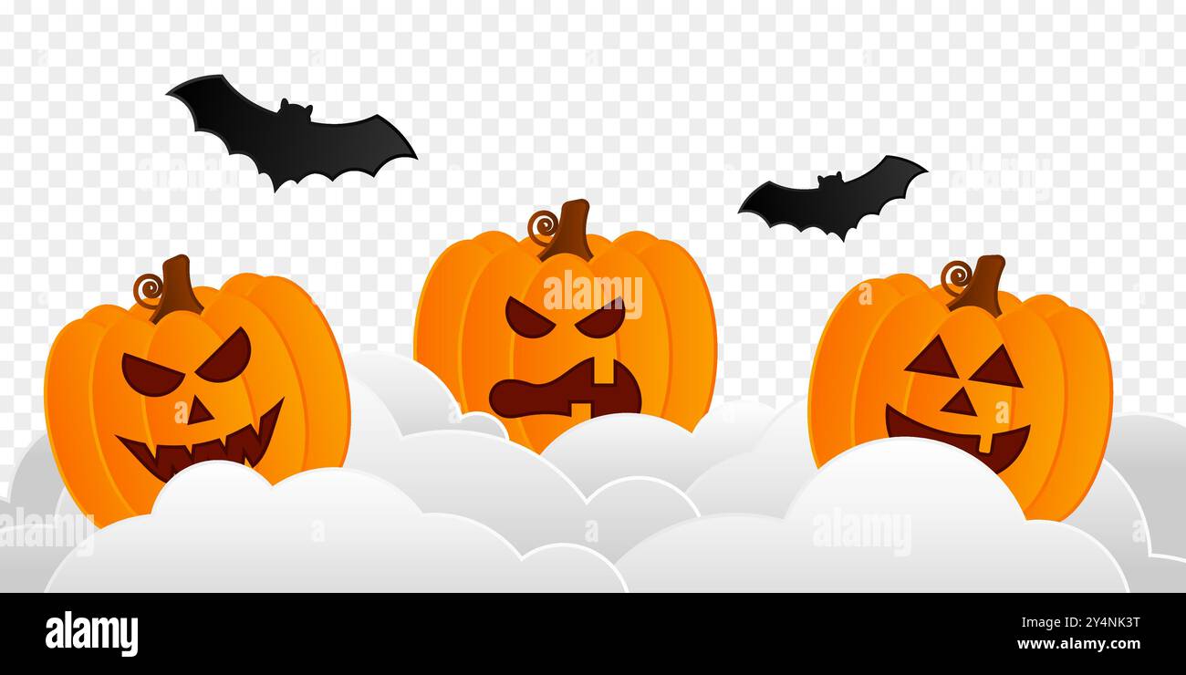 Vector illustration of Halloween pumpkins with bats in clouds on ...