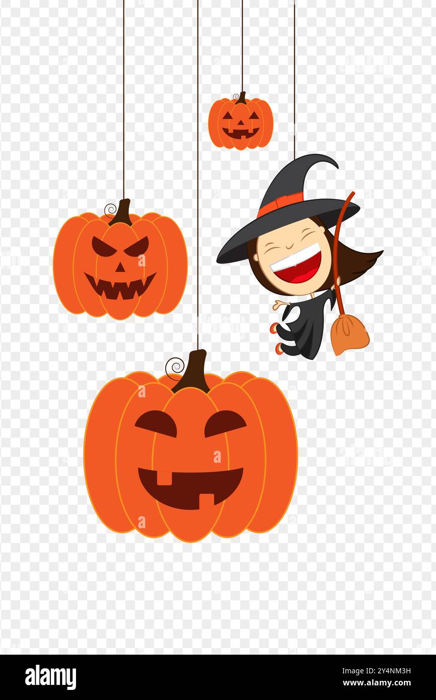 Vector illustration of hanging Halloween pumpkins with girl in witch ...
