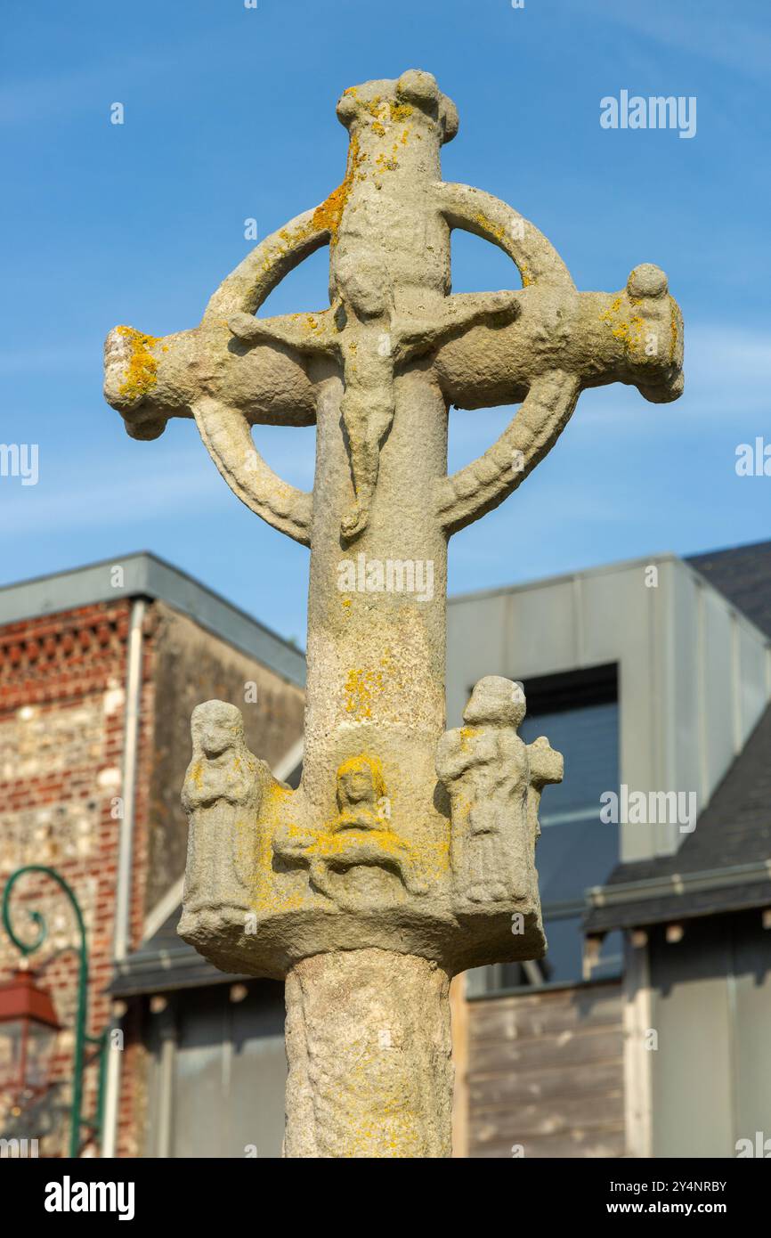 Hosanna cross in the 16th century ruins of Saint Nicolas church, Veules-les-Roses, Normandy, France Stock Photo