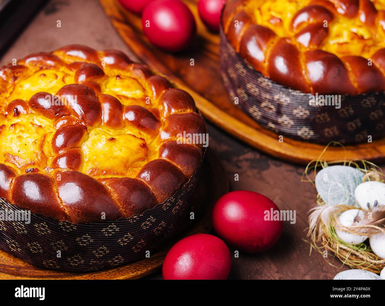 easter bread and eggs on wood Stock Photo