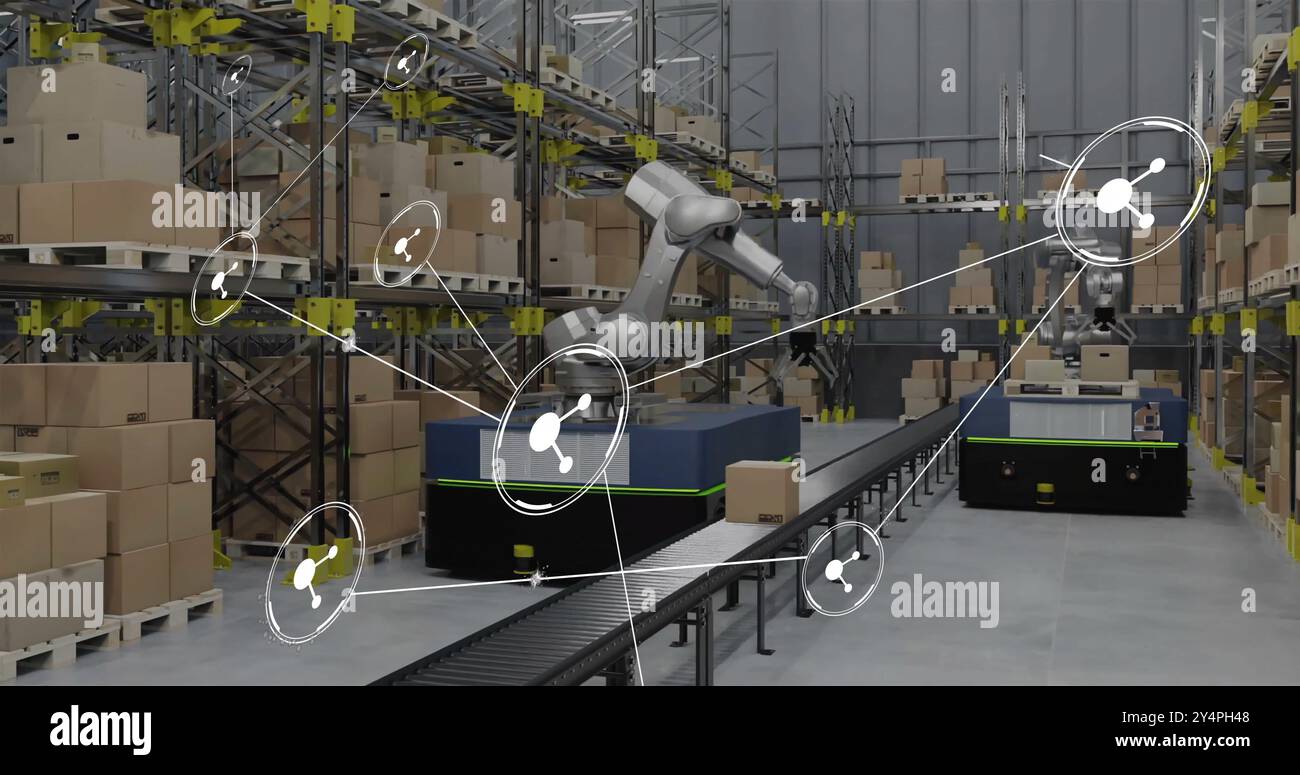 Image of network of connections with icons over robot in warehouse ...