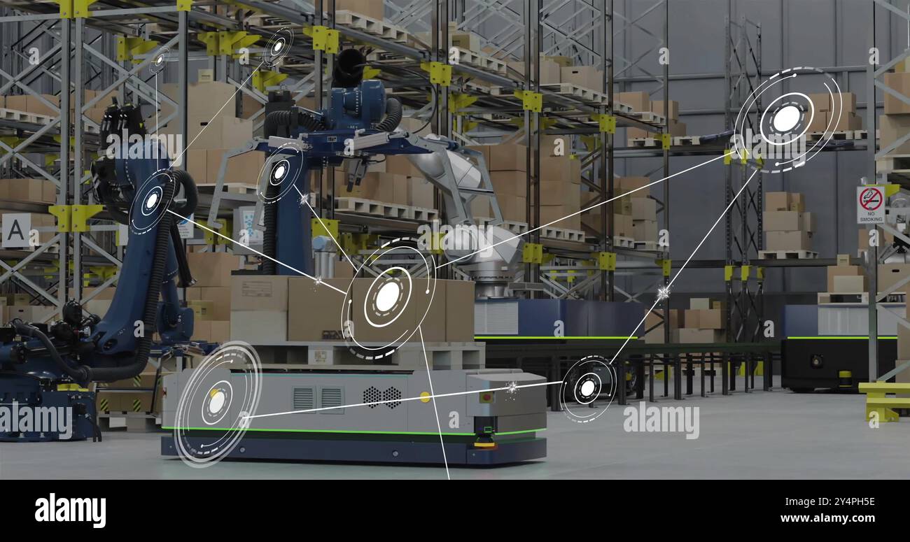 Image of network of connections with icons over robot in warehouse ...