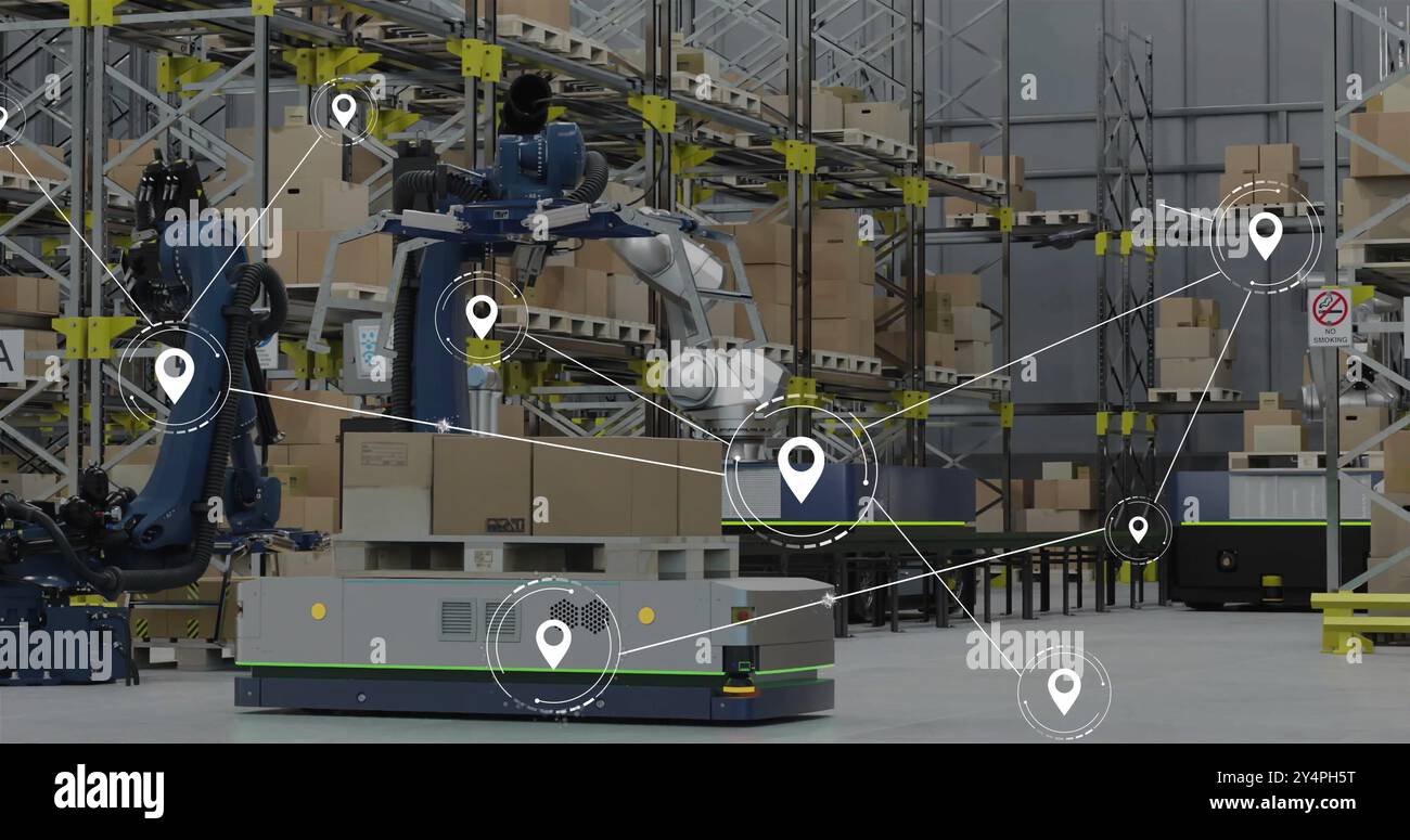 Image of network of connections with icons over robot in warehouse ...