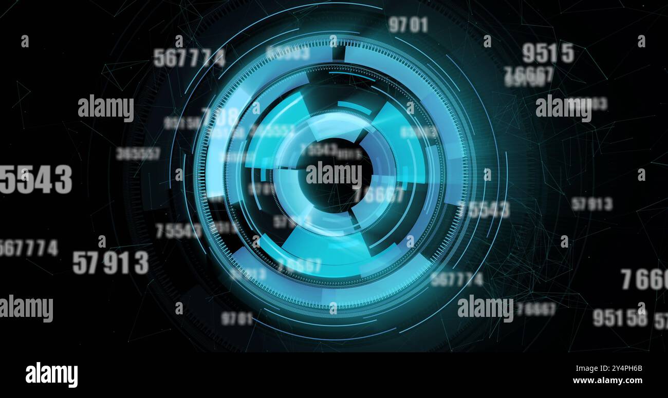Image of data processing over blue circular scanner on black background Stock Photo