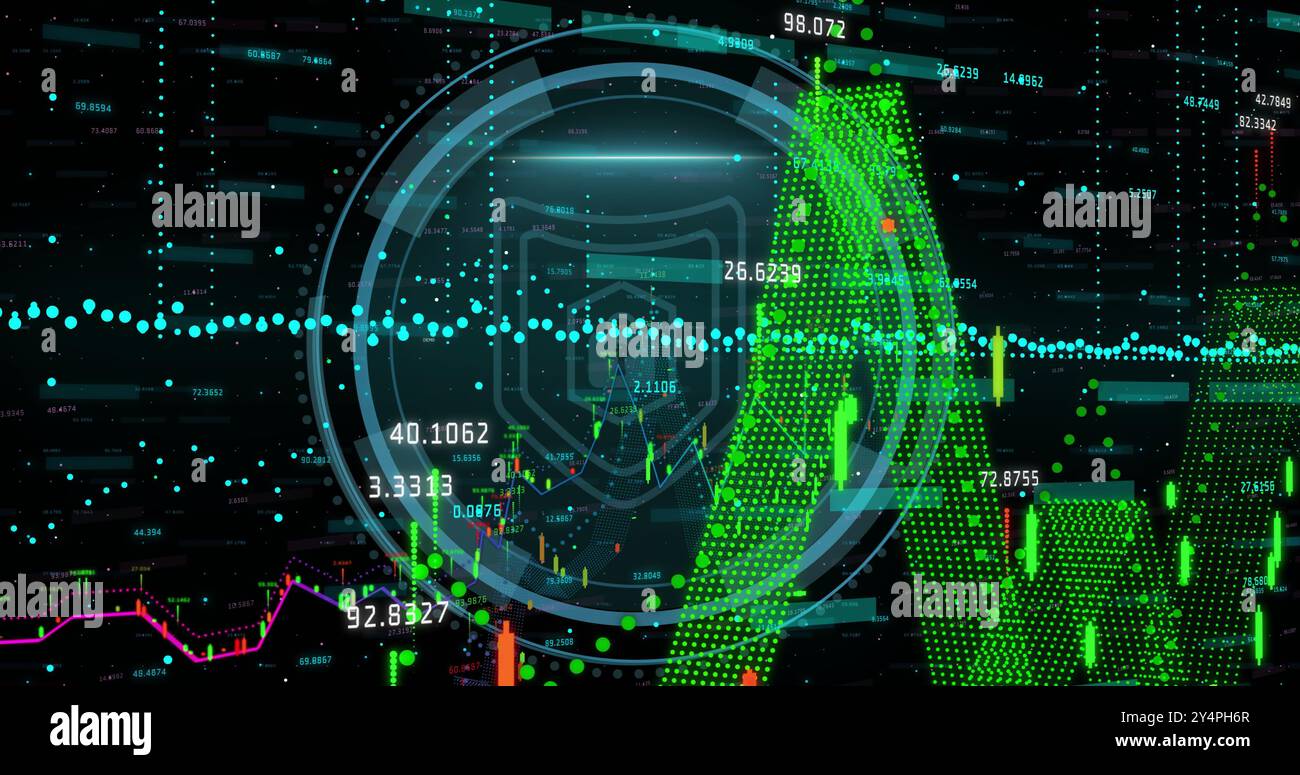 Image of padlock with shield and scope scanning over data processing Stock Photo