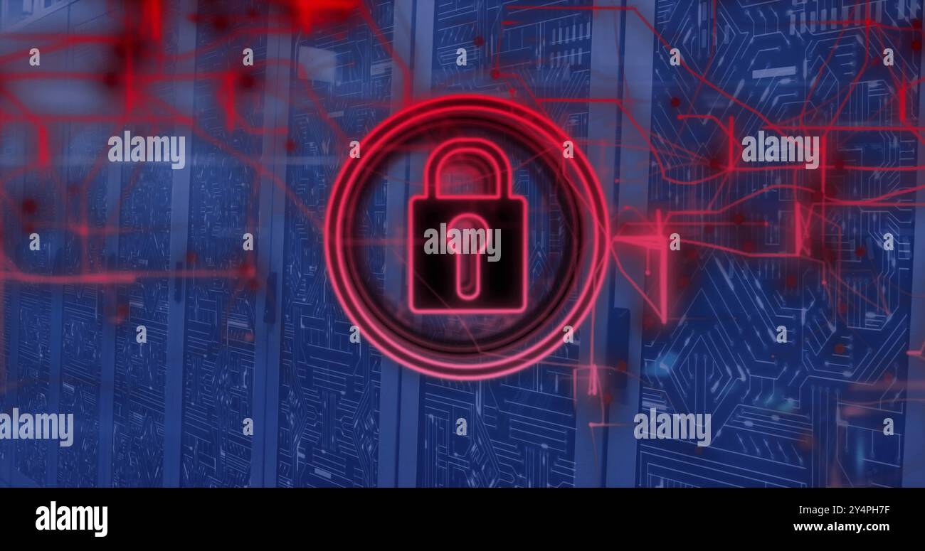Image of padlock icon and data processing over computer servers Stock Photo