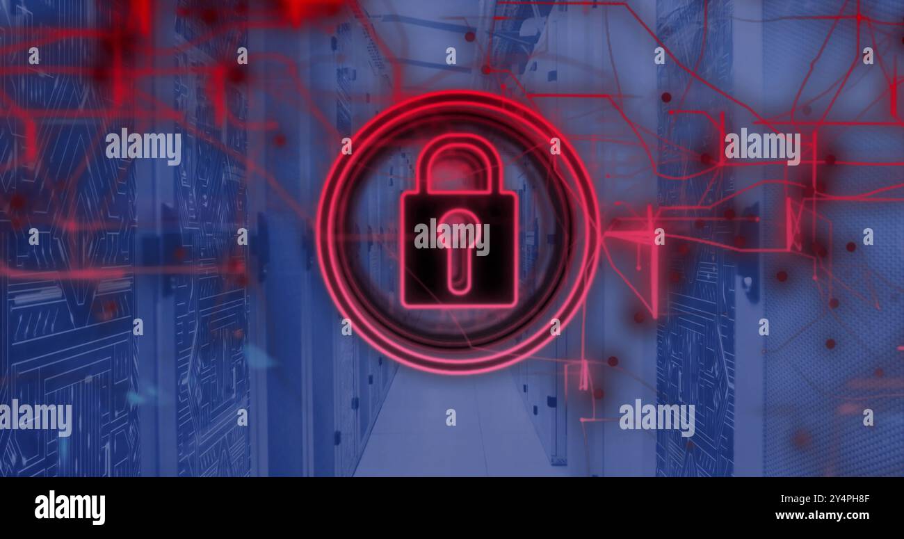 Image of padlock icon and data processing over computer servers Stock Photo