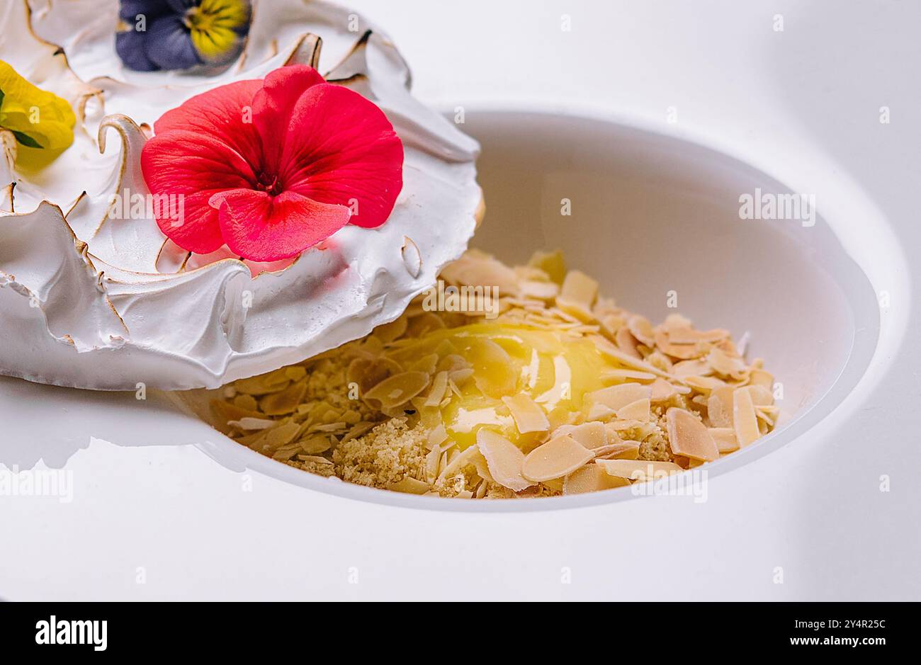 meringue on plate and almonds with vanilla custard Stock Photo