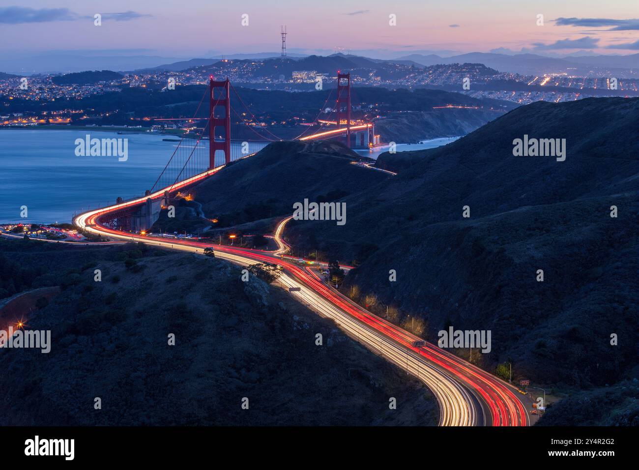 U.S. Highway Car Light Trails near the Golden Gate Bridge. Sausalito ...