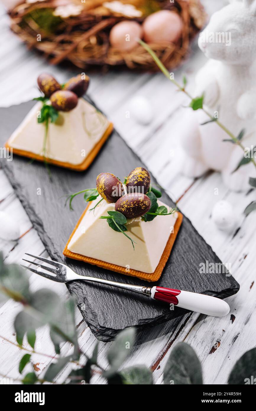 dessert souffle cookies with chocolate Easter eggs Stock Photo