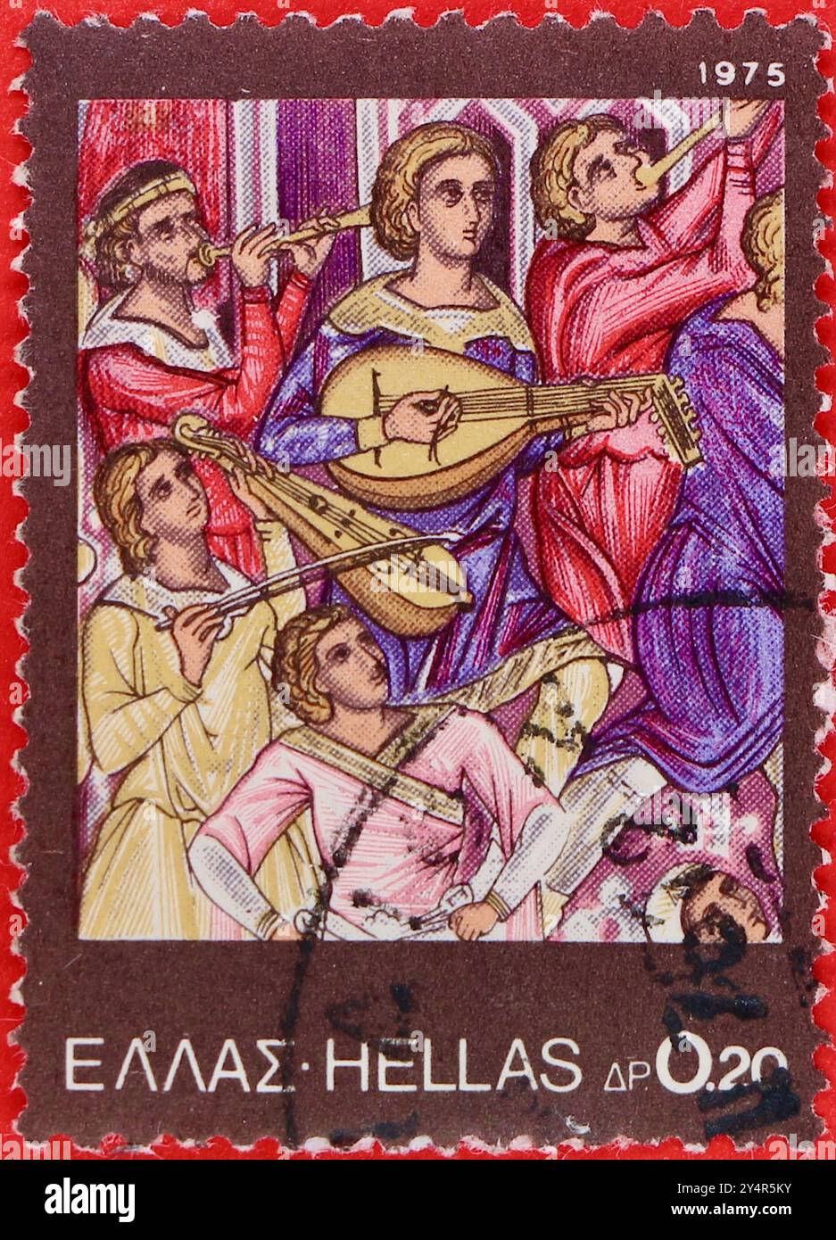 Photo of a postmarked 0.20 Greek drachma postage stamp featuring an illustration of Musicians 1975 Musical Instruments series Stock Photo