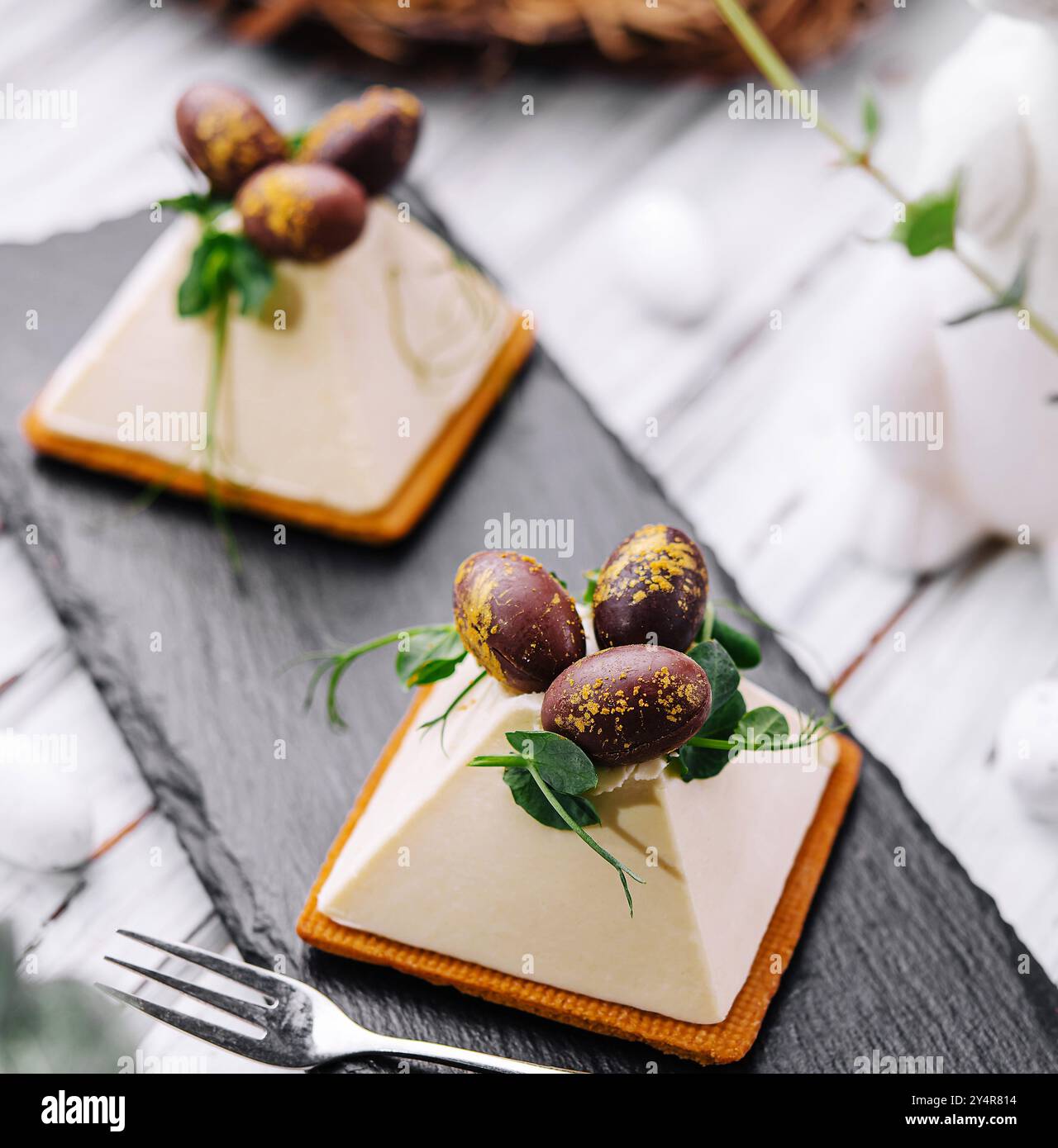 dessert souffle cookies with chocolate Easter eggs Stock Photo