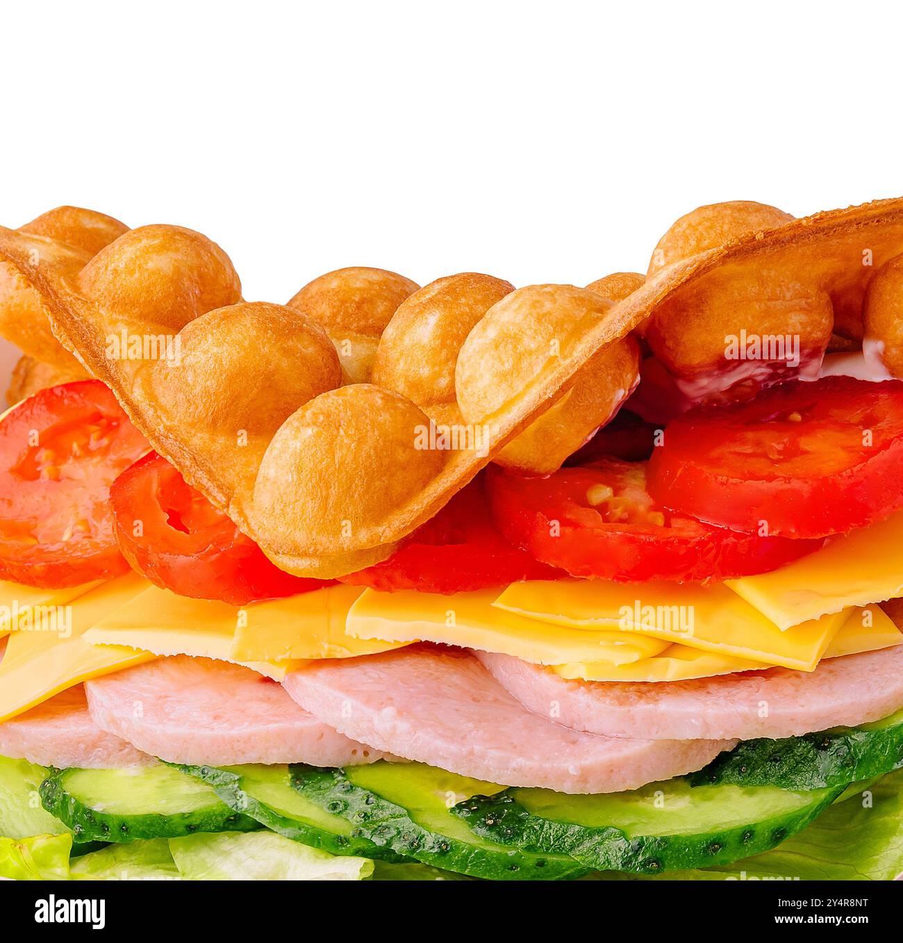 Belgian waffles with ham, cheese and salad closeup Stock Photo