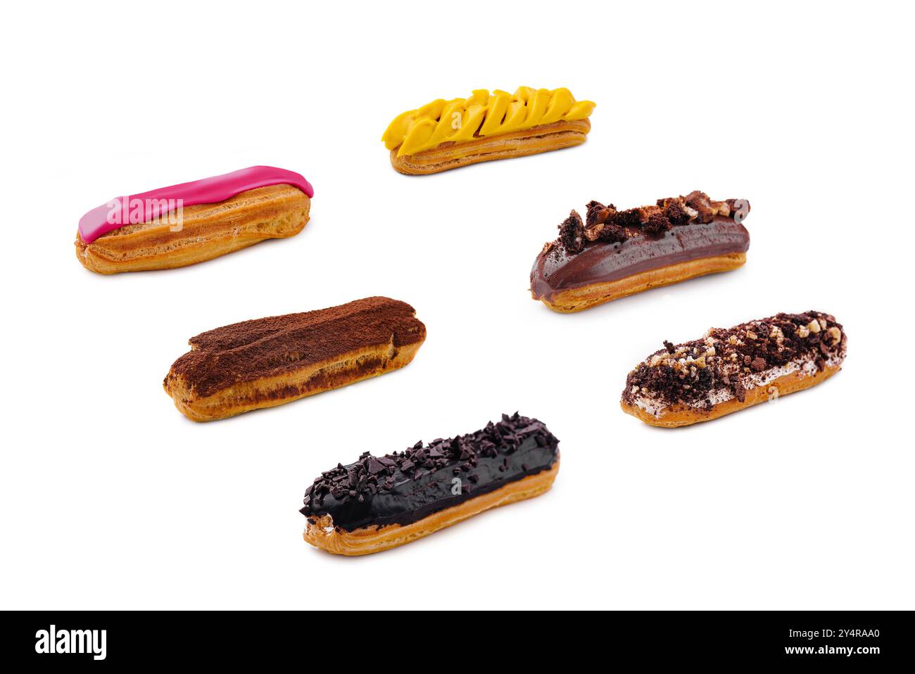 Eclair with Mango Cream on White Plate Stock Photo