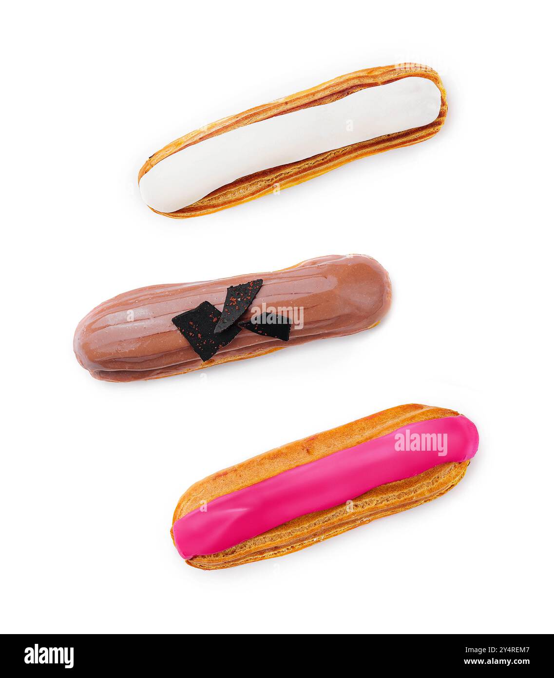 three different eclairs on a white plate isolated on white background Stock Photo