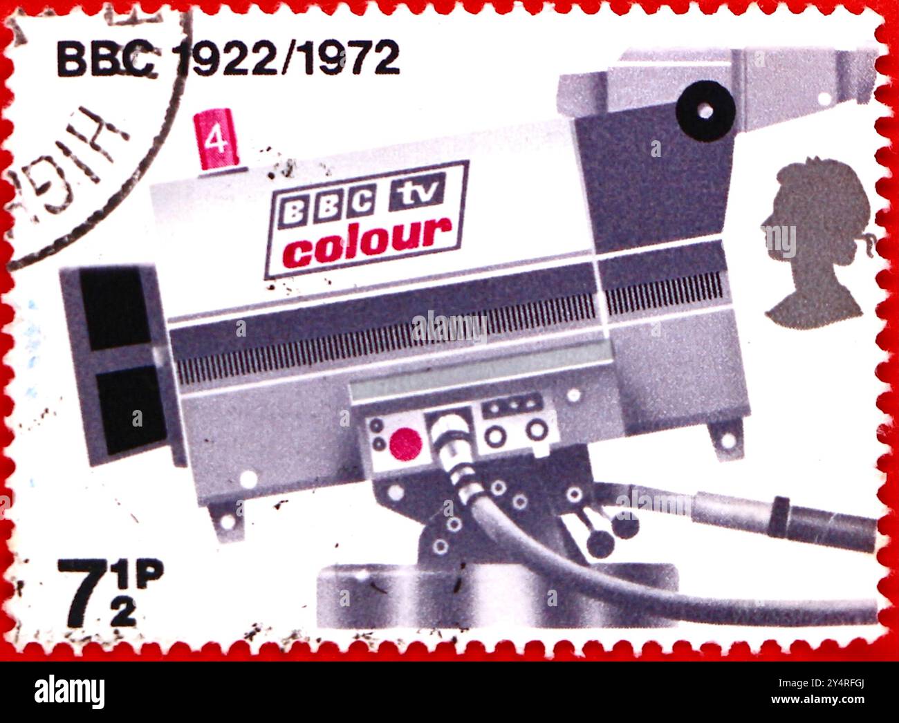 Photo of a 7 1/2 pence British postage stamp from the Broadcasting anniversaries series 50th Anniversary of Daily Broadcasting by the B.B.C TV camera Stock Photo