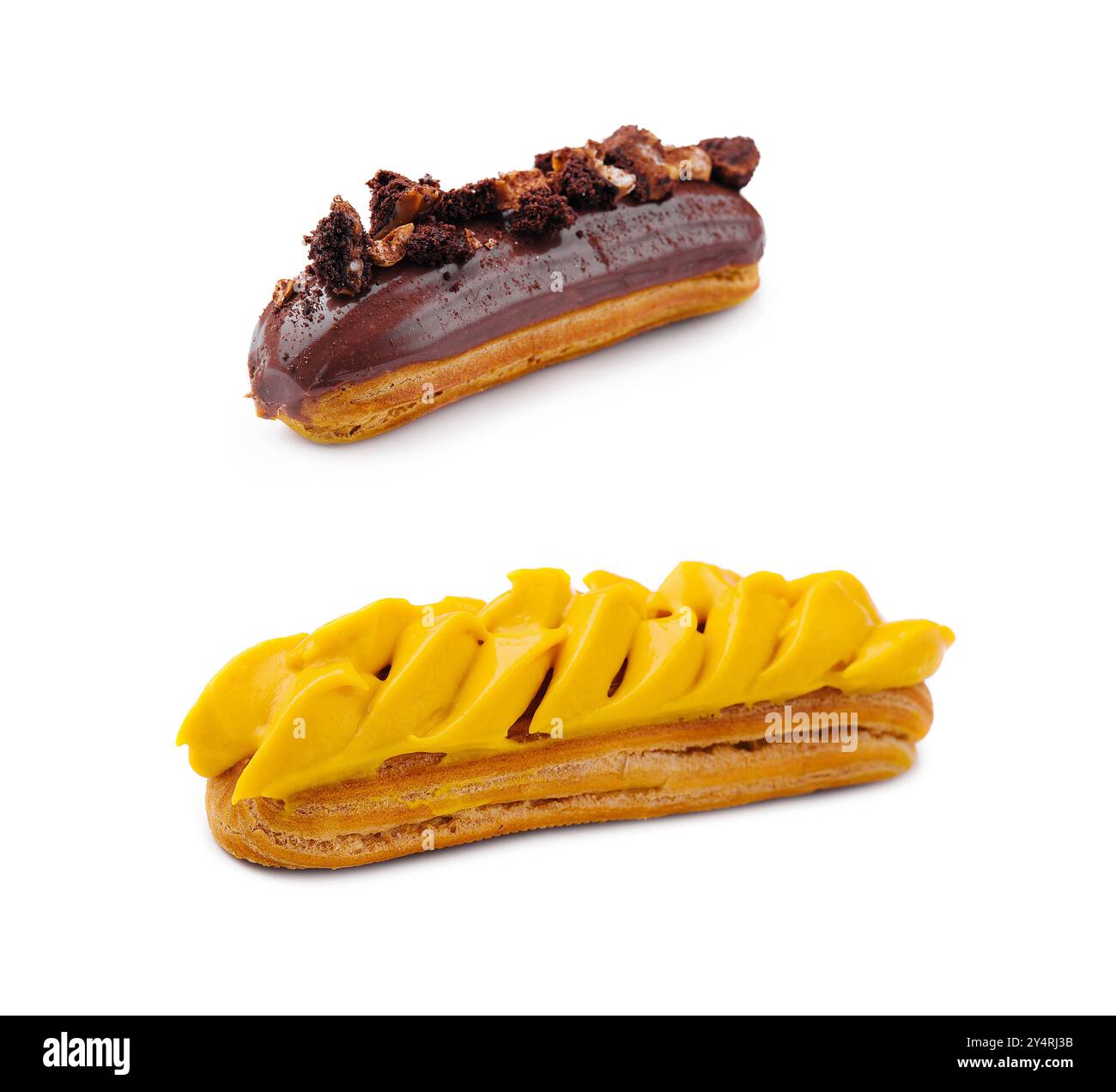 Eclair with Chocolate Cream and Hazelnuts and eclair with mango cream isolated Stock Photo