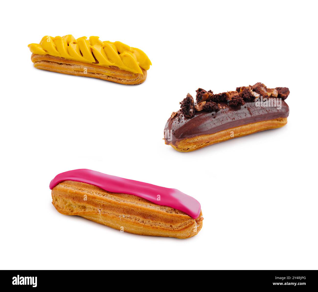 Eclair with Mango Cream, chocolate and pink glaze Stock Photo