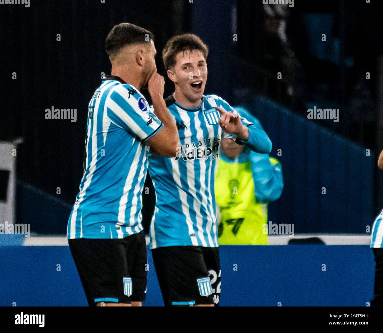 Racing Club de Avellaneda playing the Conmebol Sudamericana Cup at the Presidente Perón Stadium in the town of Avellaneda, Buenos Aires. Celebrations for Adrian Martinez, nicknamed Mararvilla, the team's scorer.  @facamorales/FOR EDITORIAL USE ONLY Stock Photo