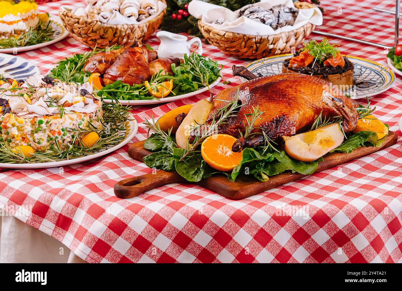 Lavish christmas dinner spread with roasted turkey, seafood, and ...