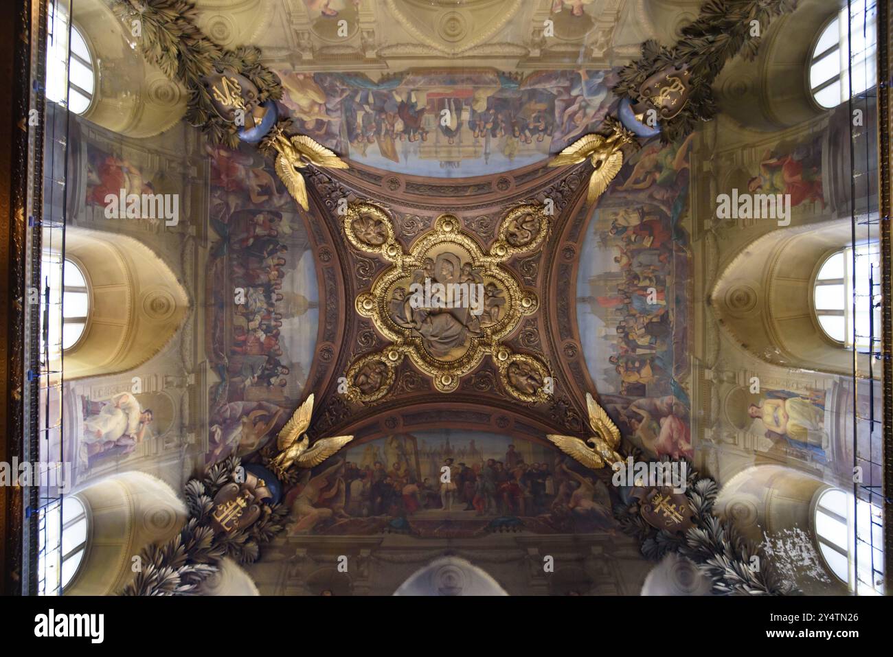 Paintings on the ceiling of Louvre Museum in Paris, France