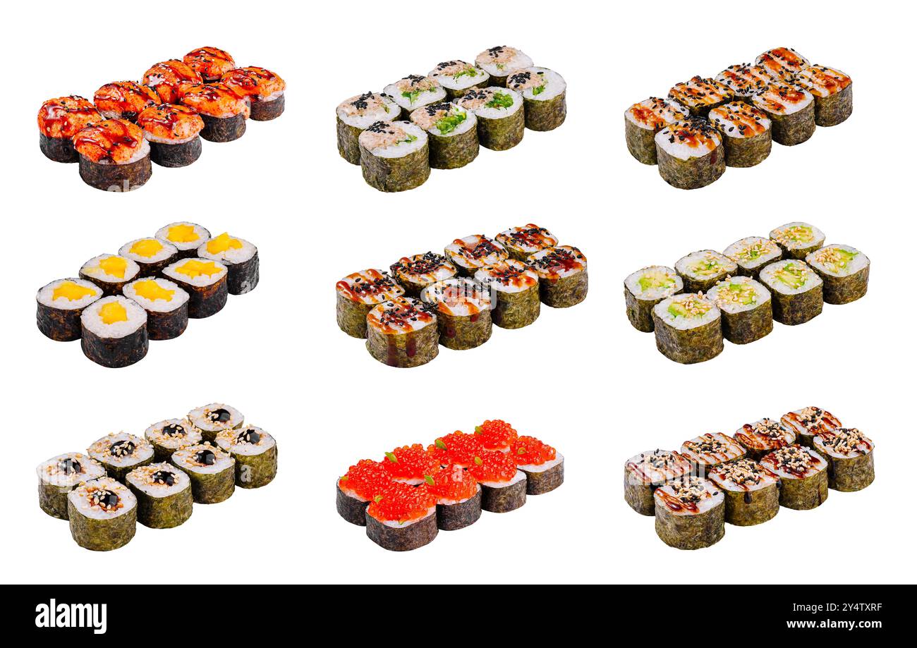 Nine sets of delicious maki are presented on a white background, showcasing the diversity of toppings and flavors available in japanese cuisine Stock Photo