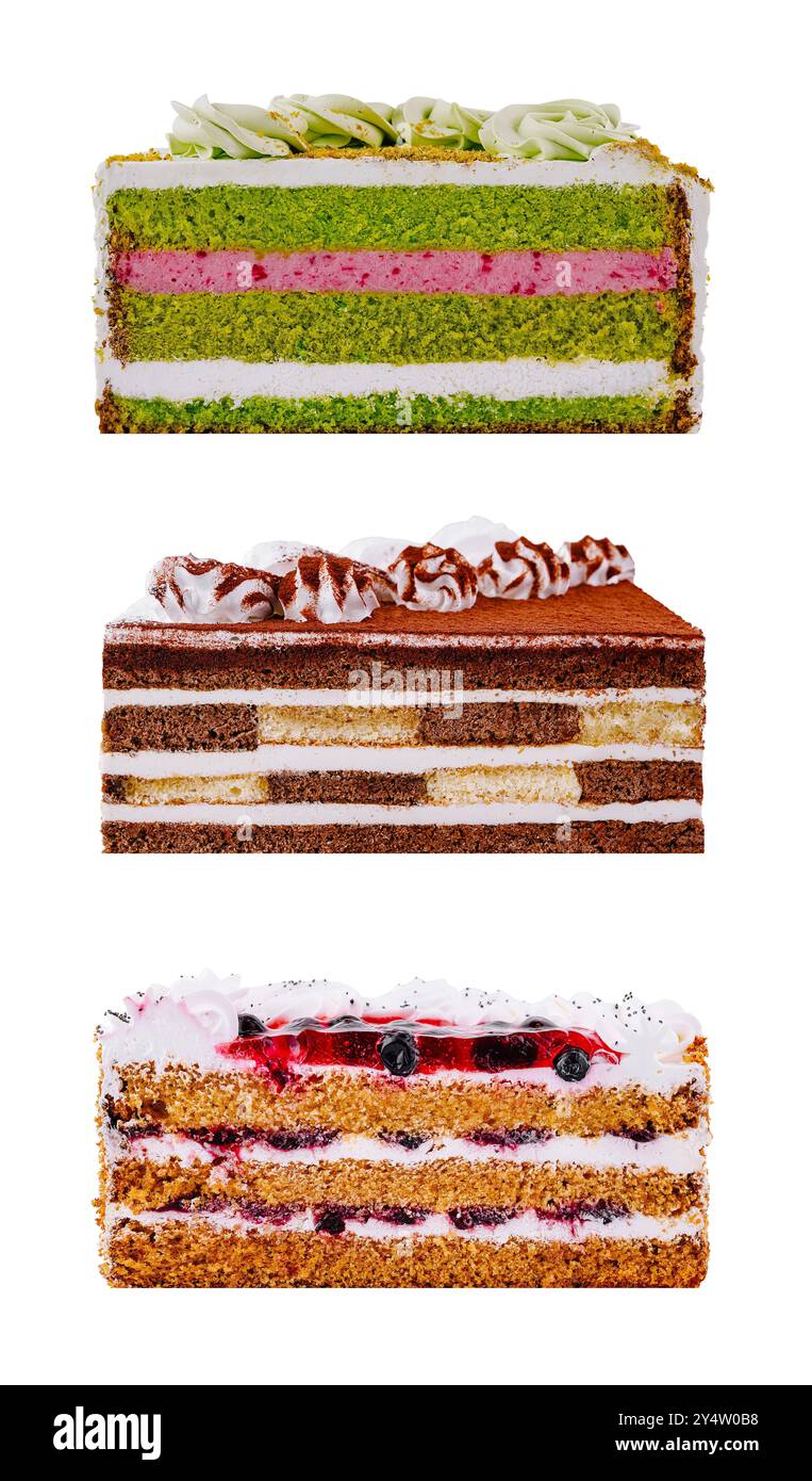 Showing the inside of three colorful slices of cake with various layers ...